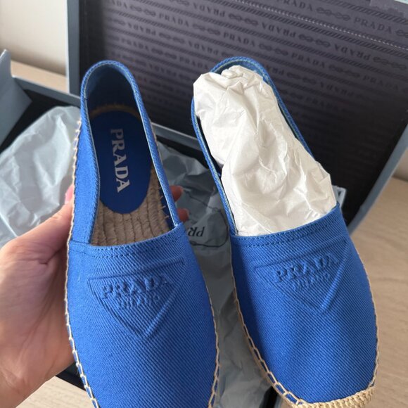 NWT Prada Espadrille Flat Shoes In Blue Canvas Embossed Triangle Logo Sz 35 - Picture 7 of 12